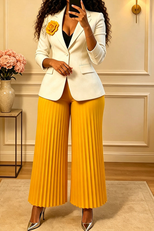 Floral Brooch Blazer Pleated Pants Set