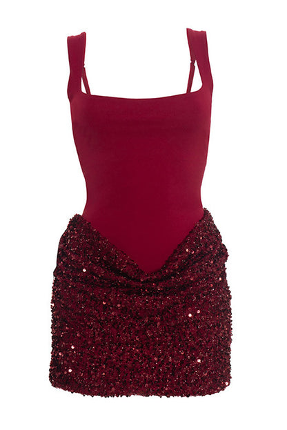 Square Neck Sequin Drape Mini Dress