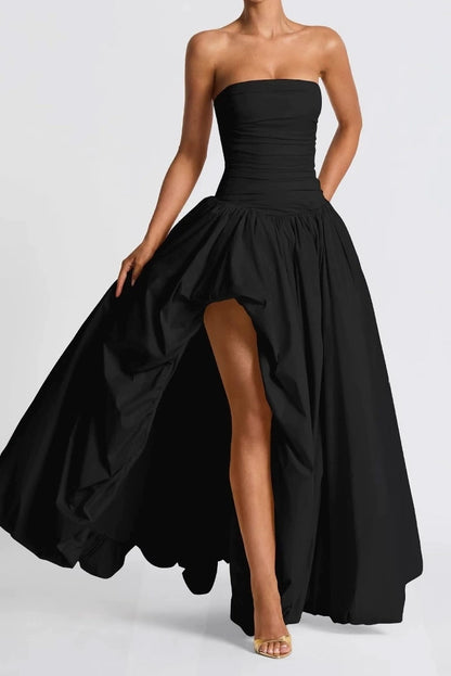 Strapless Ruched High-Slit Evening Gown