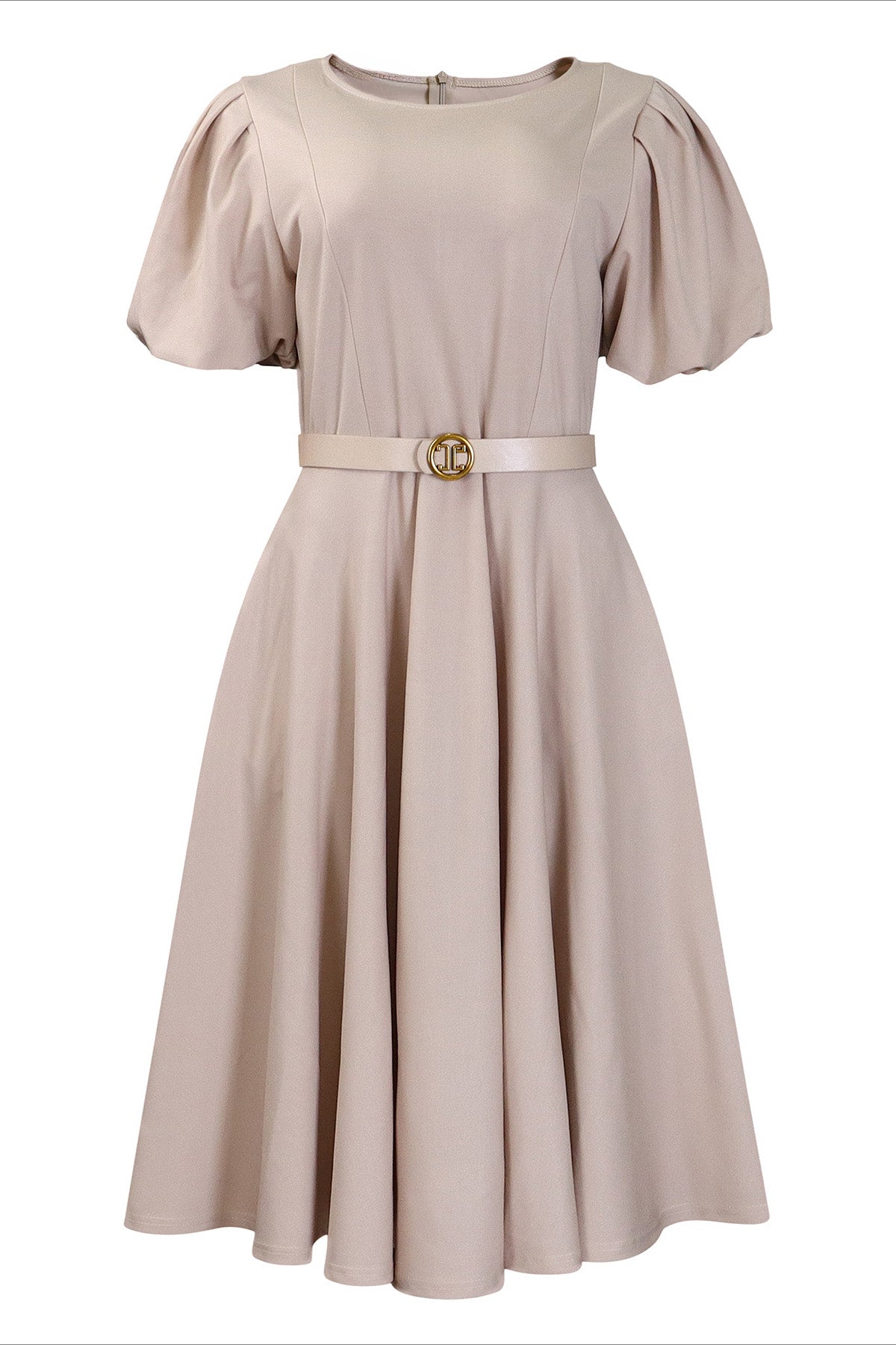 Puff Sleeve High Waist Solid Round Neck Dress