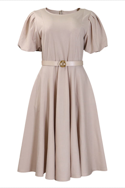 Puff Sleeve High Waist Solid Round Neck Dress
