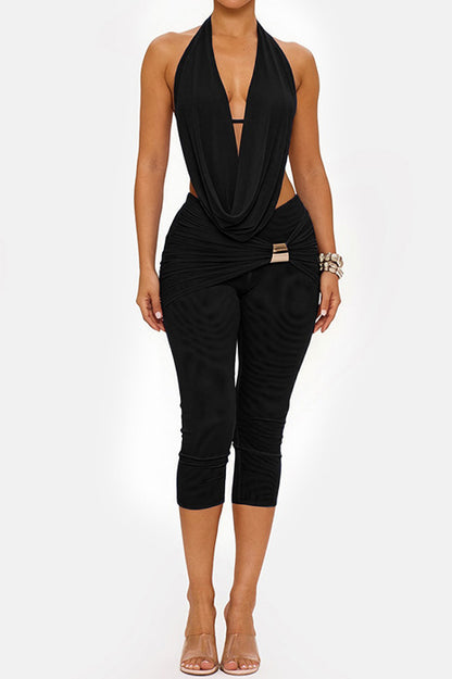 Draped Halter & Sheer Mesh Capri Set