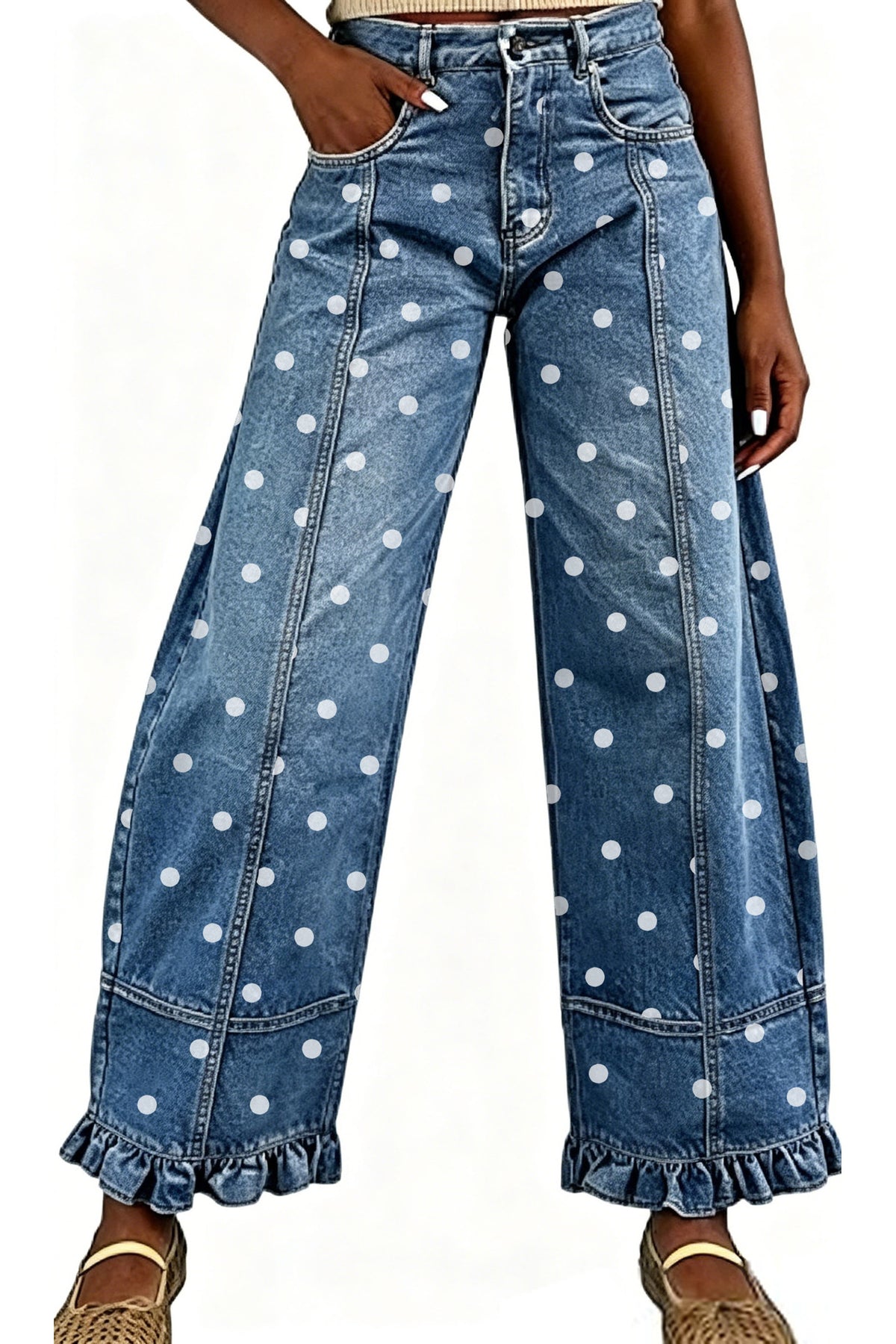 Polka Dot Wide Leg Jeans with Ruffle Hem