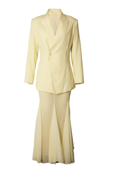 Collarless Blazer and Mesh Skirt Set