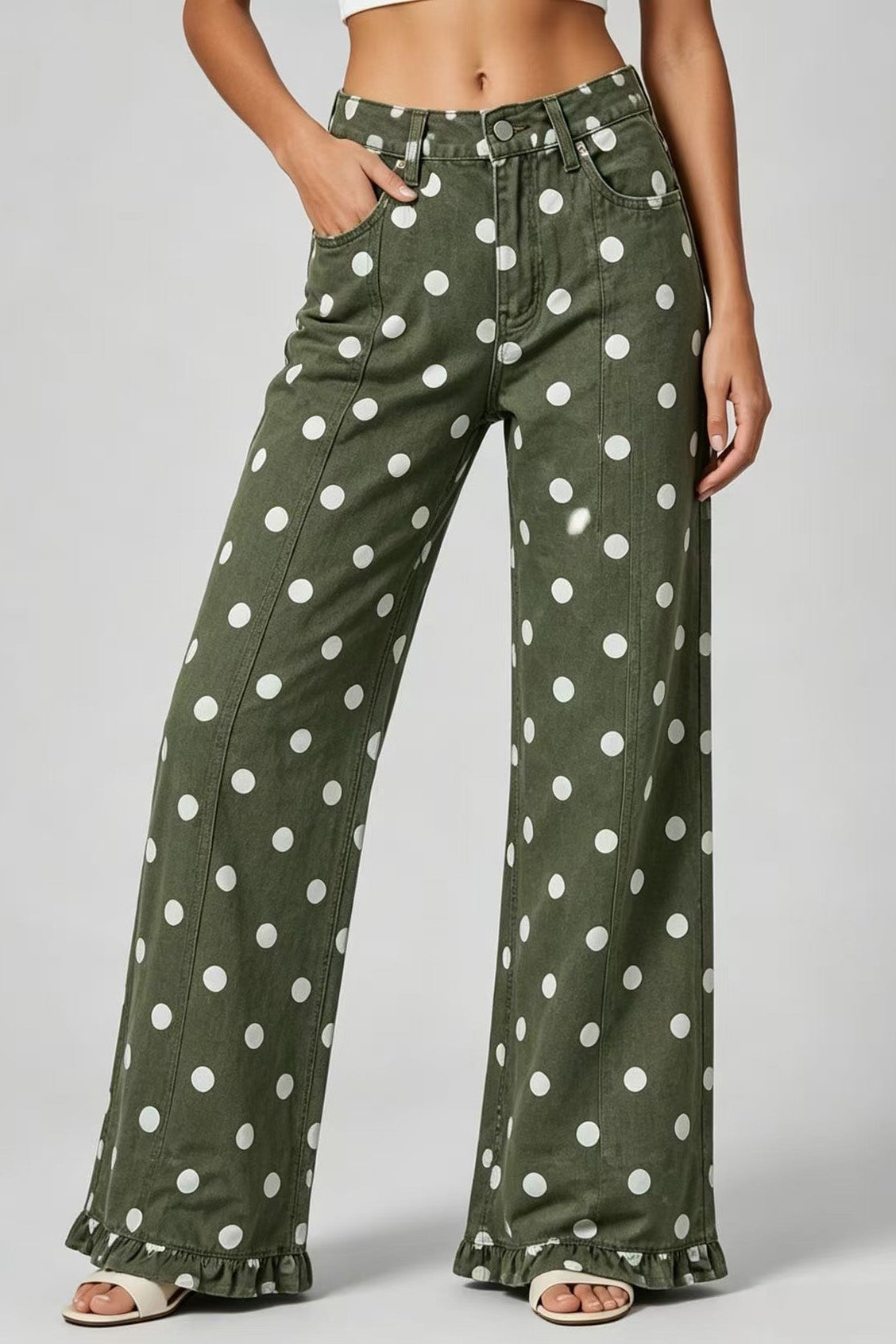 Polka Dot Wide Leg Jeans with Ruffle Hem