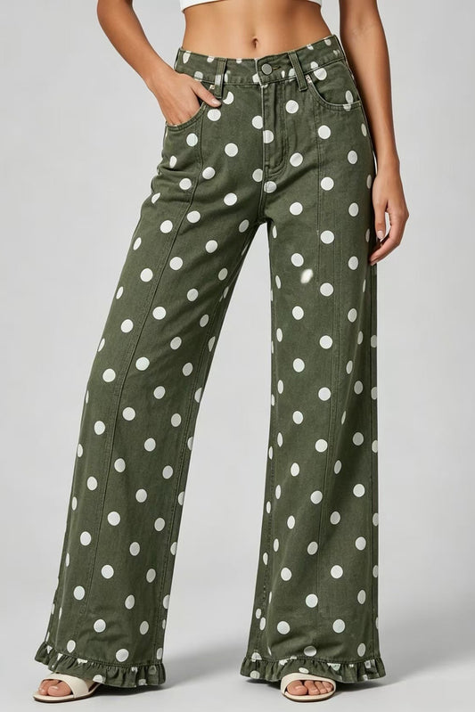 Polka Dot Wide Leg Jeans with Ruffle Hem