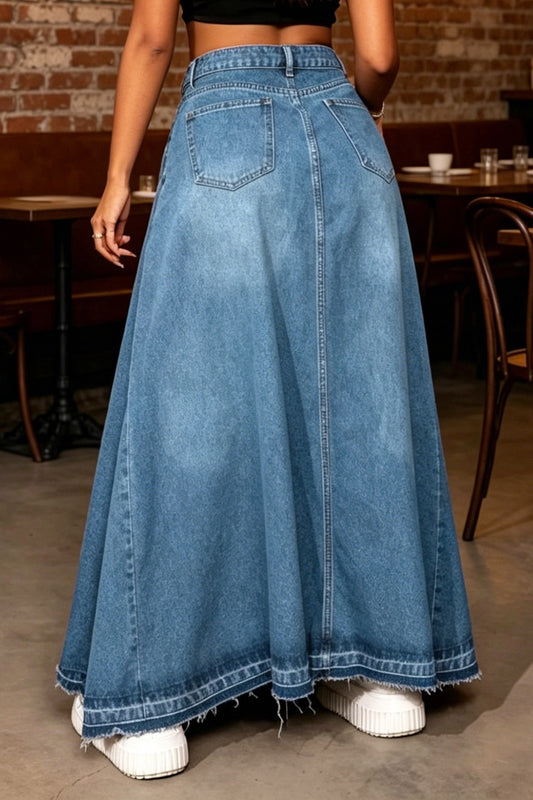 Raw-Hem A-Line Denim Maxi Skirt
