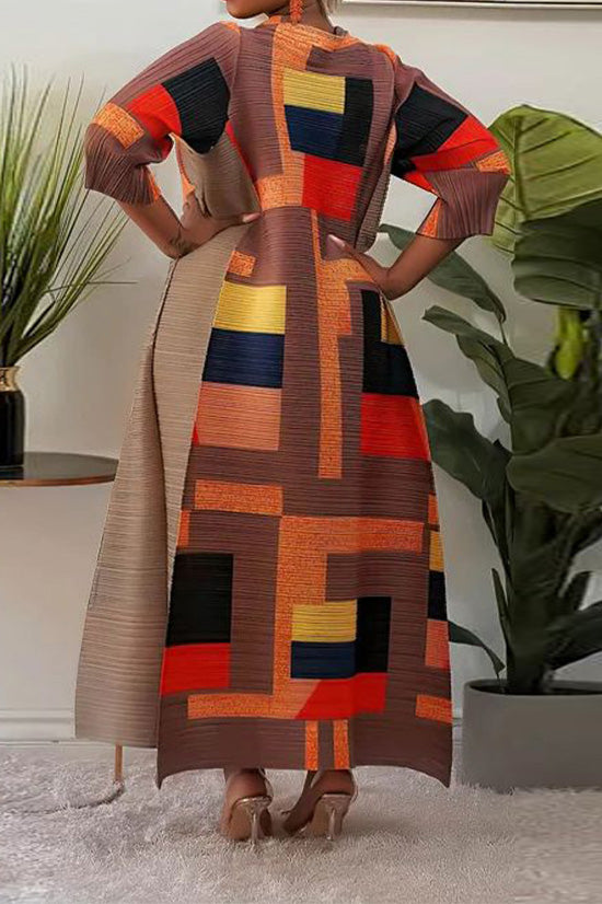 Abstract Print Pleated A Line Midi Dress