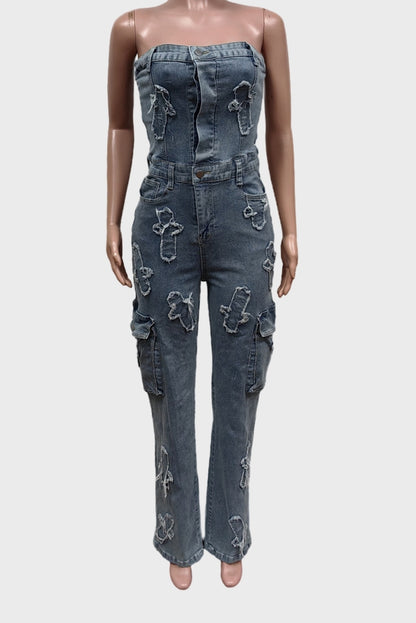 One Piece Denim Cargo Jumpsuit
