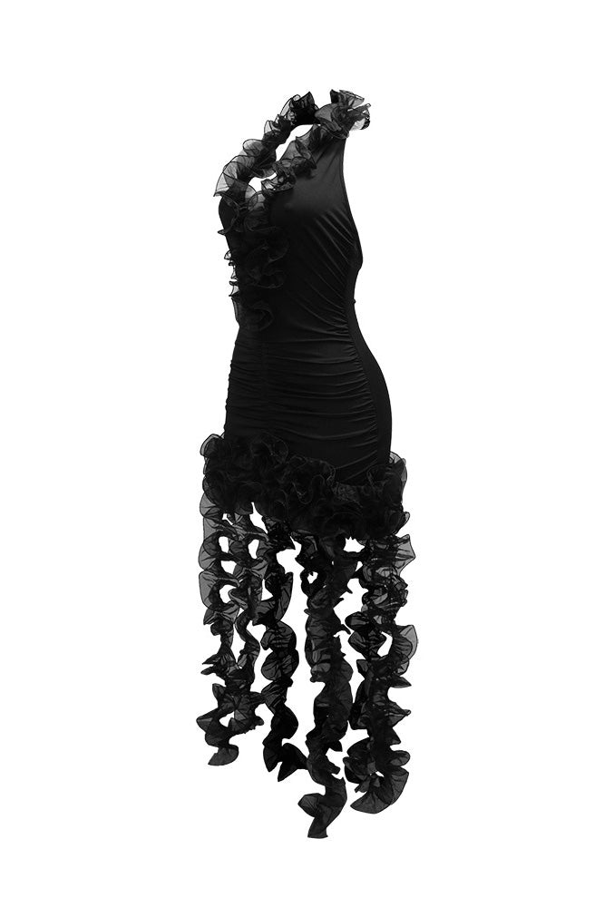 High Neck Cut Out Front Frilly Mini Dress