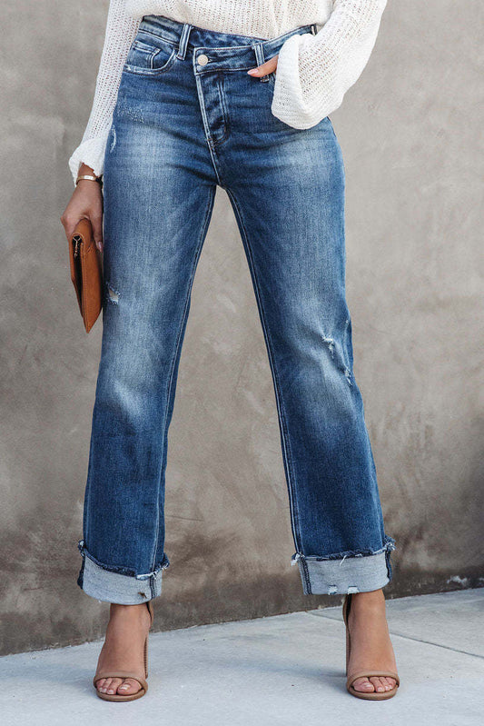 Asymmetrical Criss-Cross High-Rise Straight Jeans