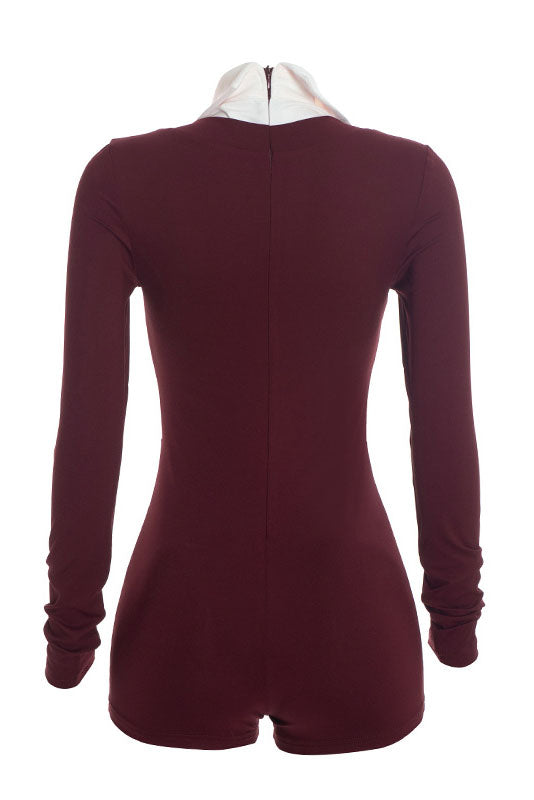Contrast-Collar V-Neck Long-Sleeve Romper