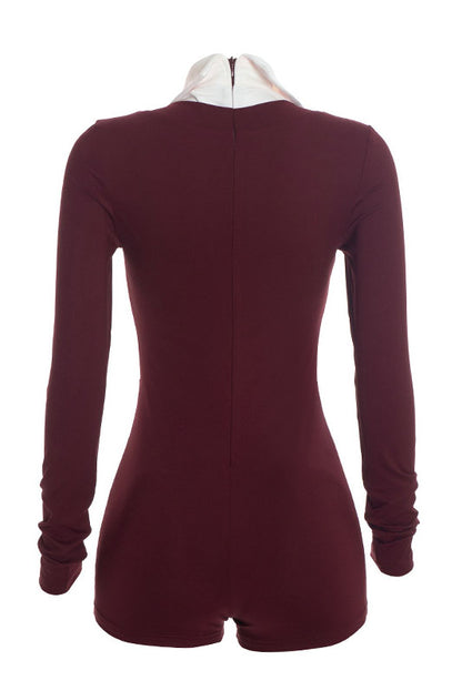 Contrast-Collar V-Neck Long-Sleeve Romper