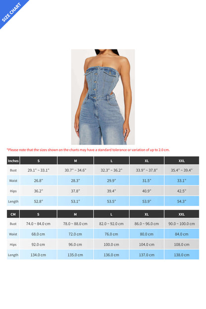Strapless Slim Top Wide-Leg Denim Jumpsuit