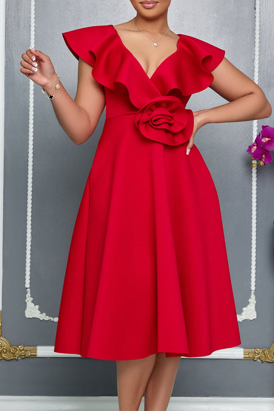 V-Neck Ruffled 3D Flower Detail Flare Midi Dress
