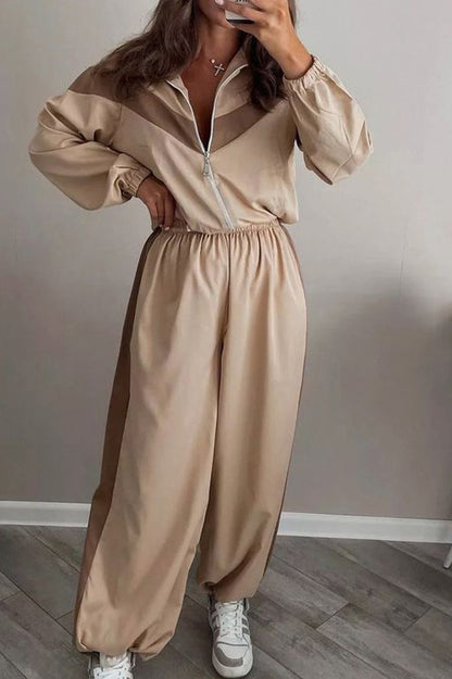 Colorblock Zip Jacket Wide Leg Pants Set
