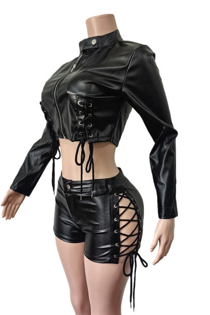 Lace-Up Faux Leather Jacket & Shorts Set