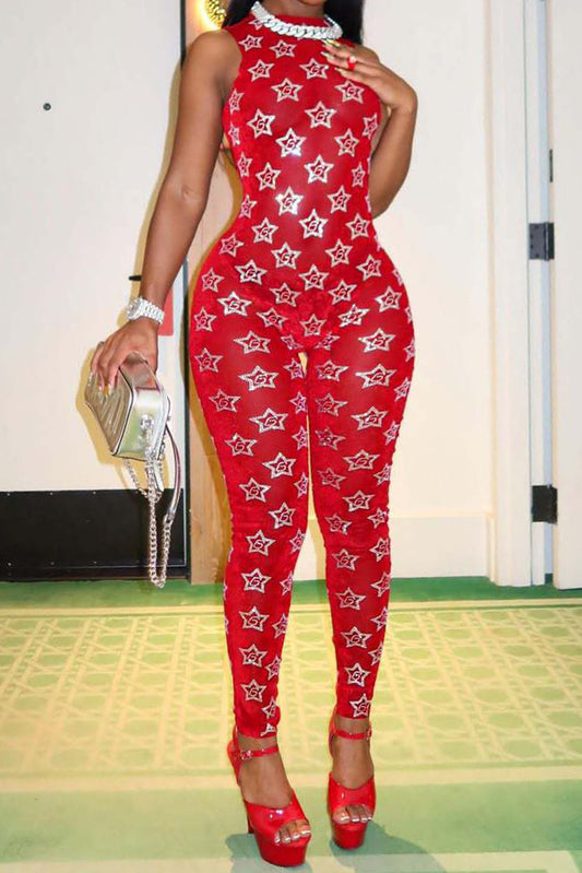 Metallic Star Print Mesh Jumpsuit