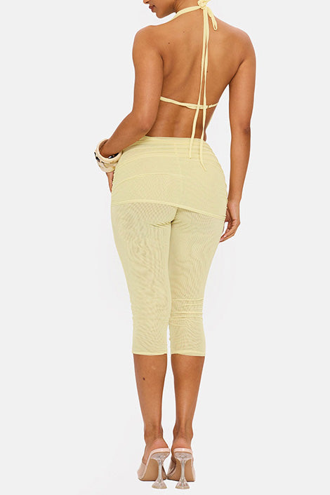 Draped Halter & Sheer Mesh Capri Set