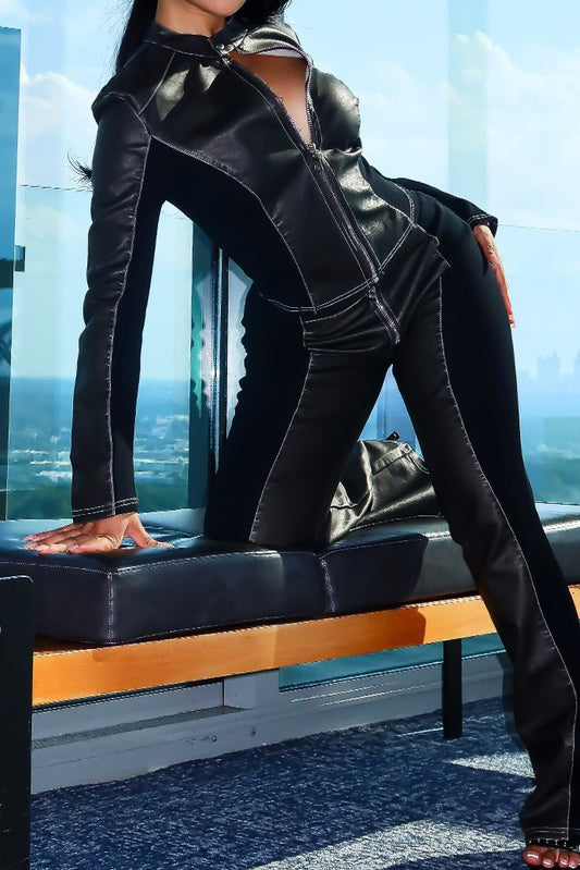 PU Leather Long Sleeve Top and Pants Set