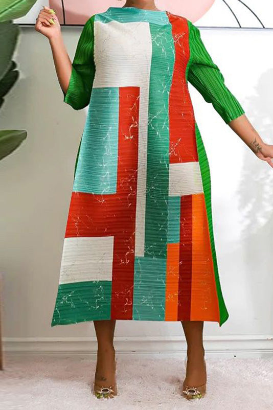 Abstract Print Pleated A Line Midi Dress