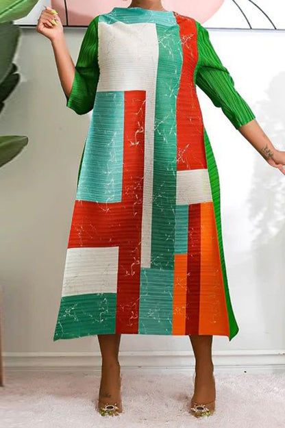 Abstract Print Pleated A Line Midi Dress