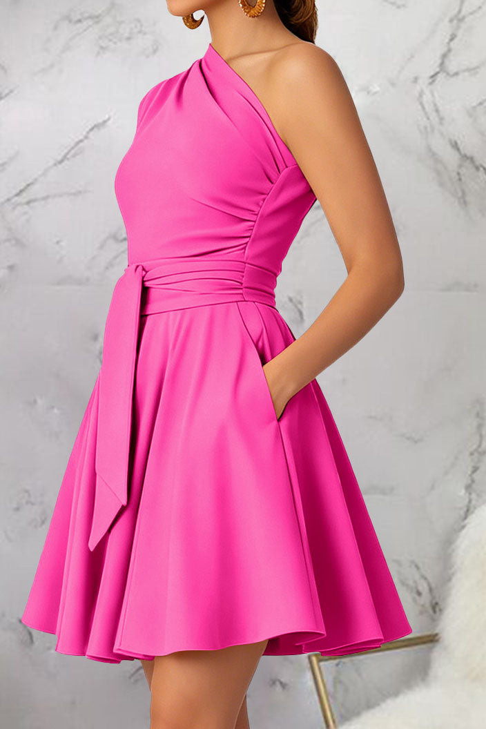 One-Shoulder Tie-Waist Pleated Mini Dress