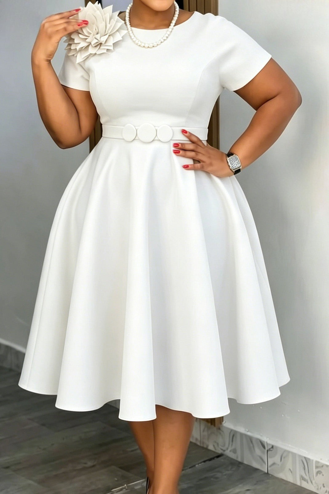 3D Floral Applique Belted A-Line Midi Dress