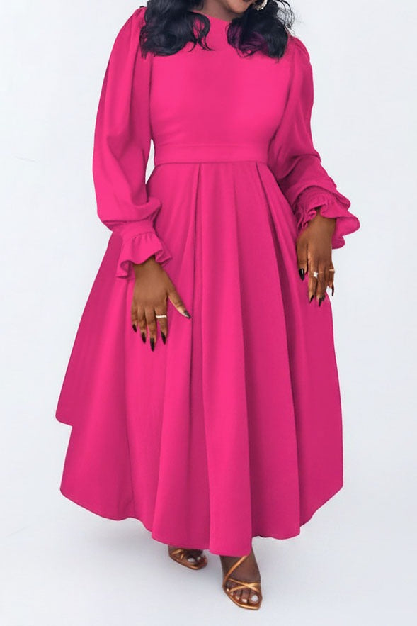 Plus Size Ruffle Cuff Pleated A-Line Midi Dress