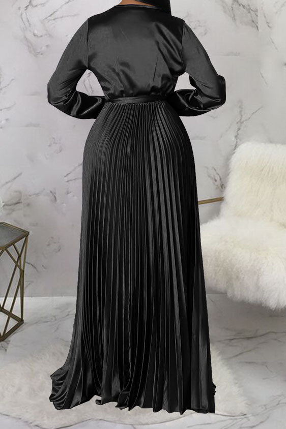 Faux Silk Pleated Tie-Waist Maxi Dress
