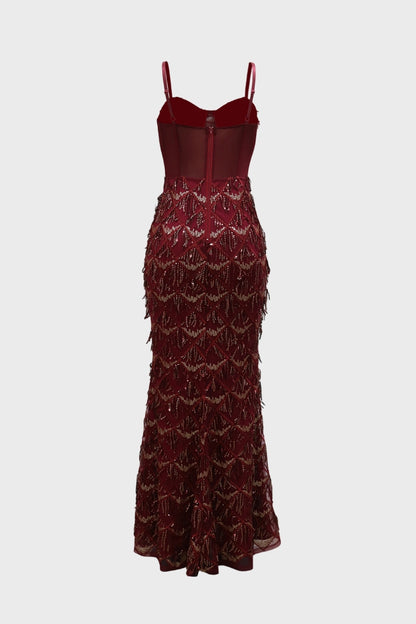 Cami Corset Sequin Fringe Gowns Maxi Dresses