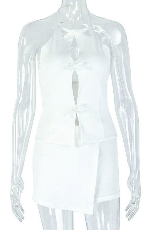 Bow Keyhole Halter Top & Asymmetrical Skort Set