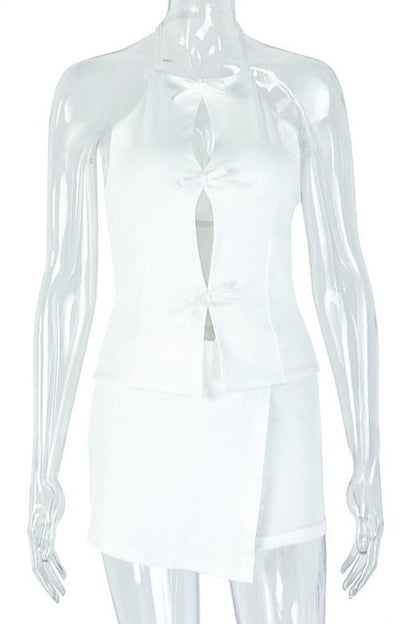 Bow Keyhole Halter Top & Asymmetrical Skort Set
