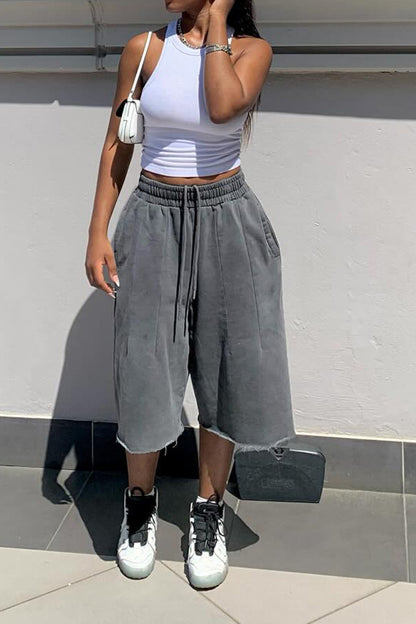Vintage Wash Raw Hem Baggy Sweat Shorts