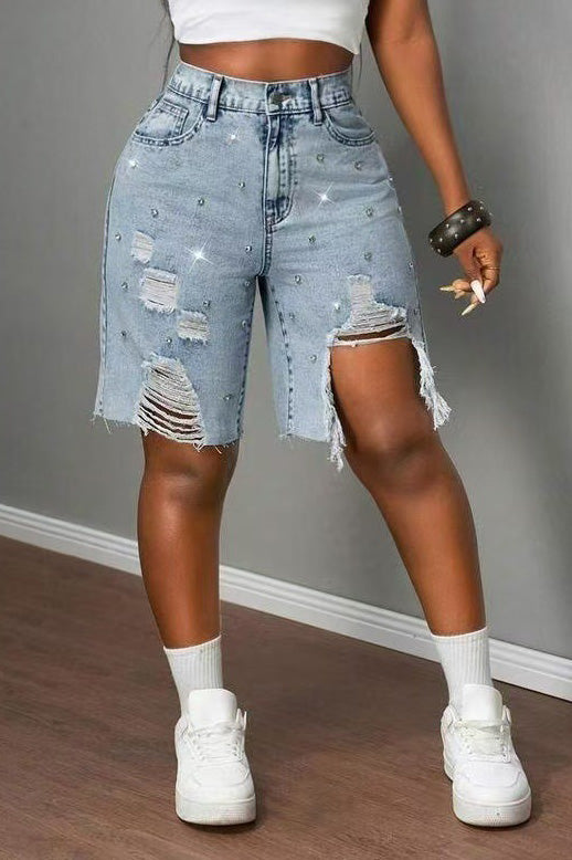 Rhinestone Distressed Denim Bermuda Shorts