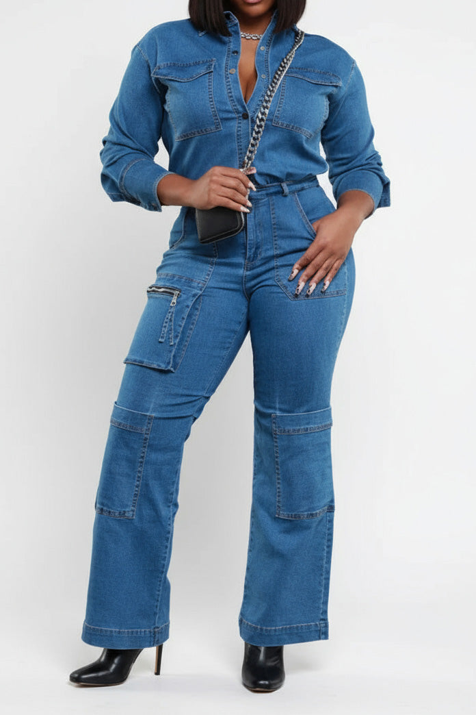 Washed Stretch Denim Utility Jumpsuit