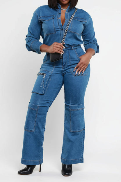 Washed Stretch Denim Utility Jumpsuit