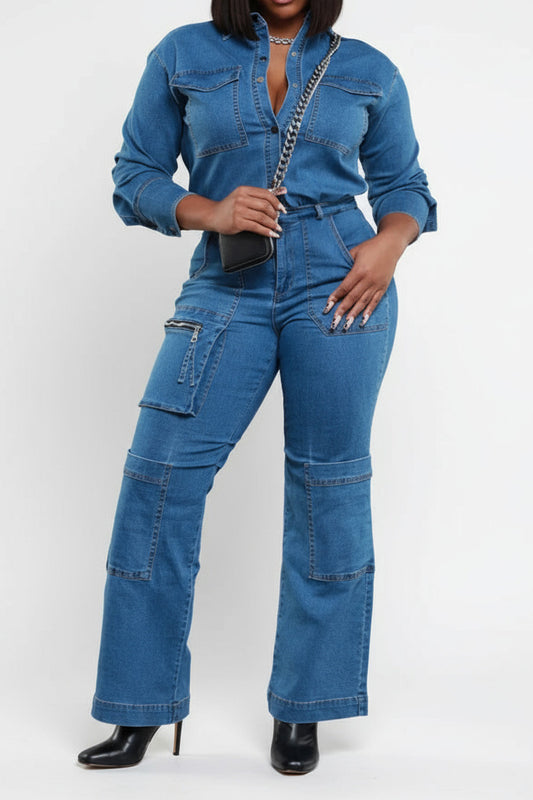 Washed Stretch Denim Utility Jumpsuit