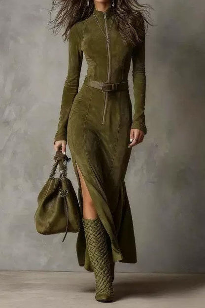 Long Sleeve Zipper Slim Fit Slit Maxi Dress
