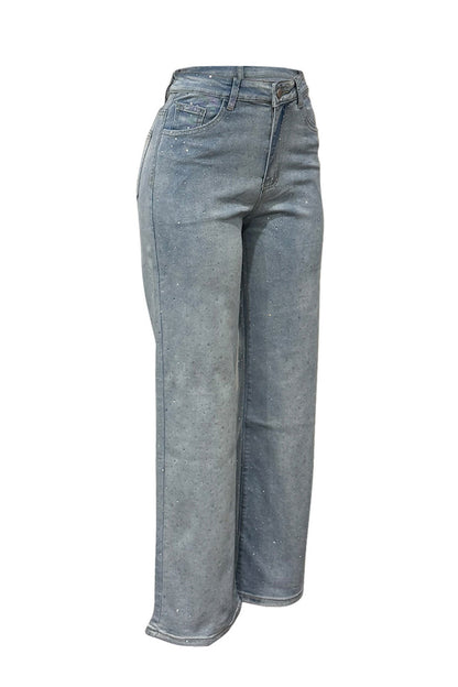 Wide-Leg High-Waist Rhinestone Jeans