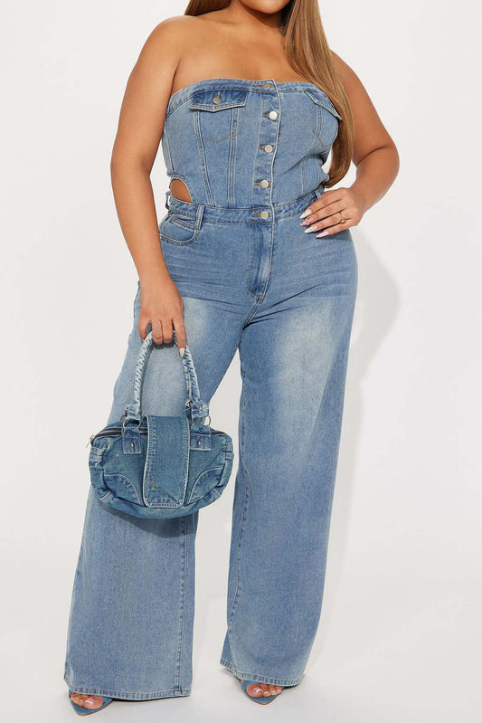 Strapless Slim Top Wide-Leg Denim Jumpsuit