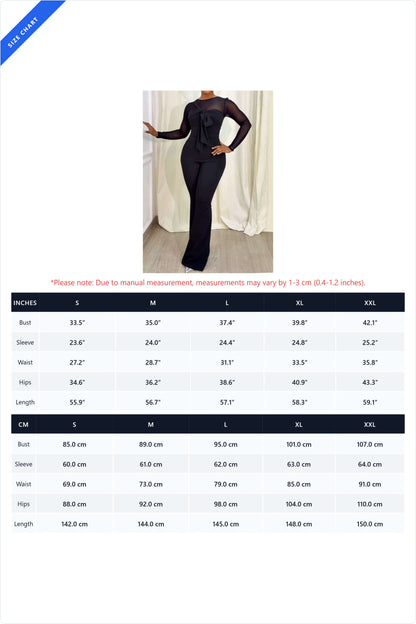 Sheer Mesh Illusion Bow Detail Flared Jumpsuit