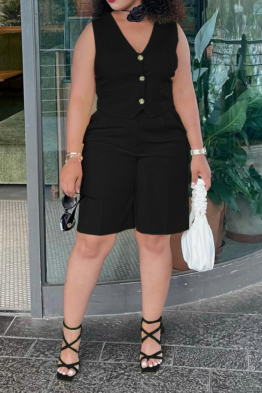 V-Neck Button Vest Top and Shorts 2-Piece Set