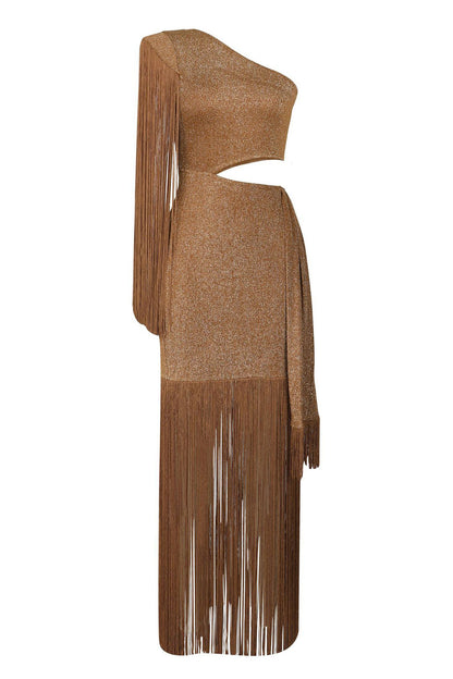 Shimmer One Shoulder Fringe Cutout Maxi Dress