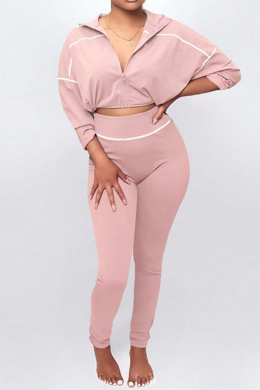Solid Color Long Sleeve Zip-Up Top & Pants Set
