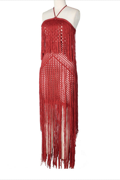 Crochet Halter Fringe Maxi Dress