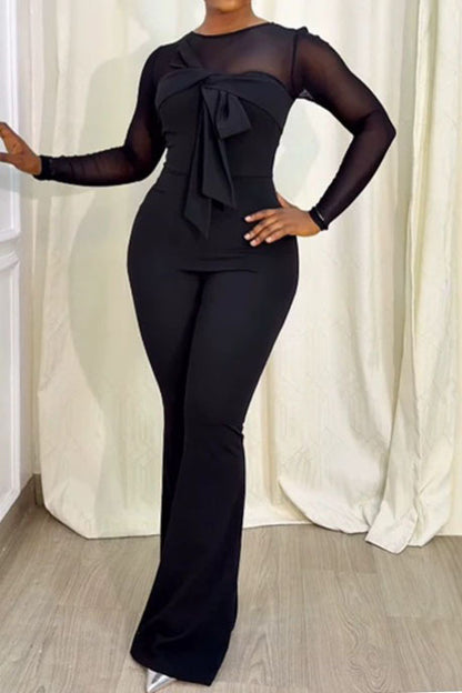 Sheer Mesh Illusion Bow Detail Flared Jumpsuit