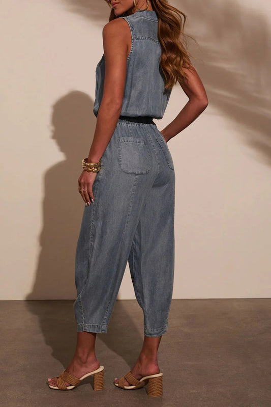 Sleeveless Drawstring Waist Washed Denim Jumpsuit