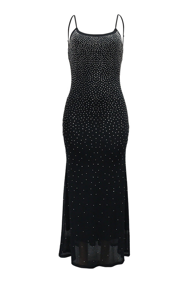 Rhinestone and Pearl Mesh Mermaid Maxi Dress