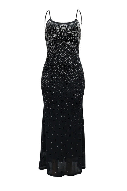 Rhinestone and Pearl Mesh Mermaid Maxi Dress